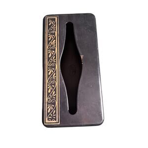 Vintage Ransburg MCM Tissue Box Cover Metal Black Gold Atomic Floral Patina